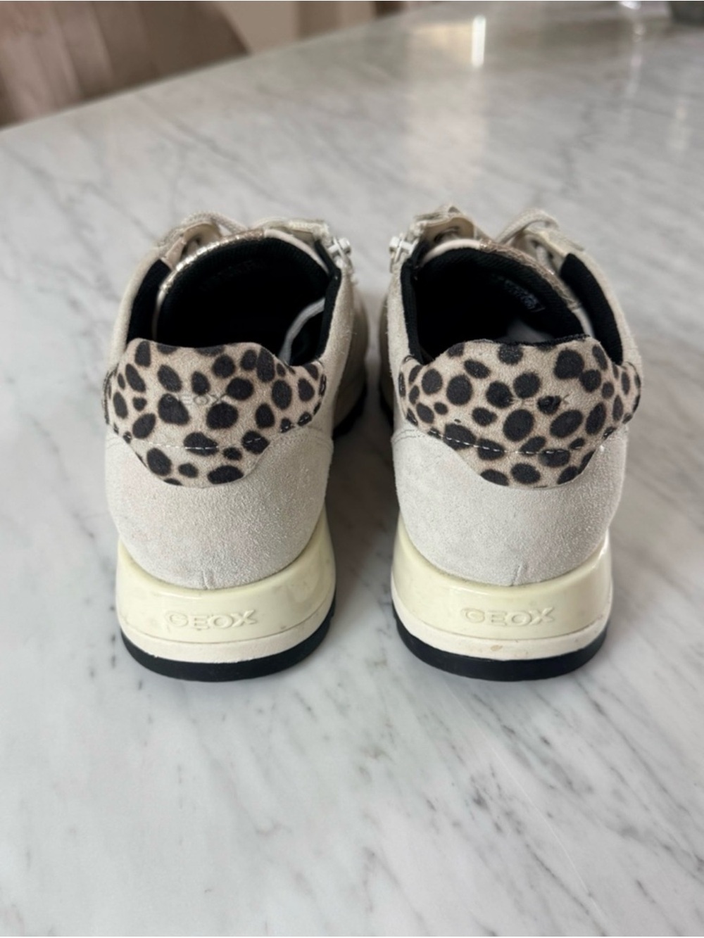 Geox Women's White, Silver & Grey Leather Suede Sneakers with Leopard Accent
